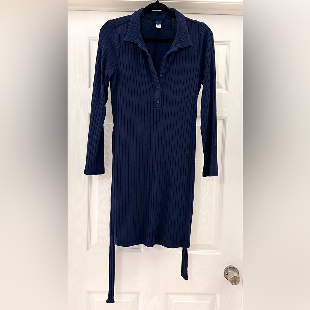 Old Navy Fitted Rib Knit Tie-Belt Long Sleeve Mini Polo Dress Navy Blue sz Med - Picture 5 of 9